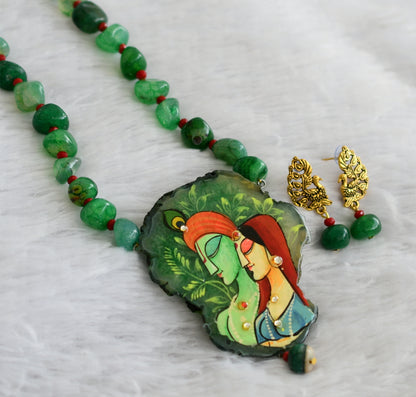 Hand painted radha-krishna sliced agate pendant with green-red onyx beaded necklace set dj-46849