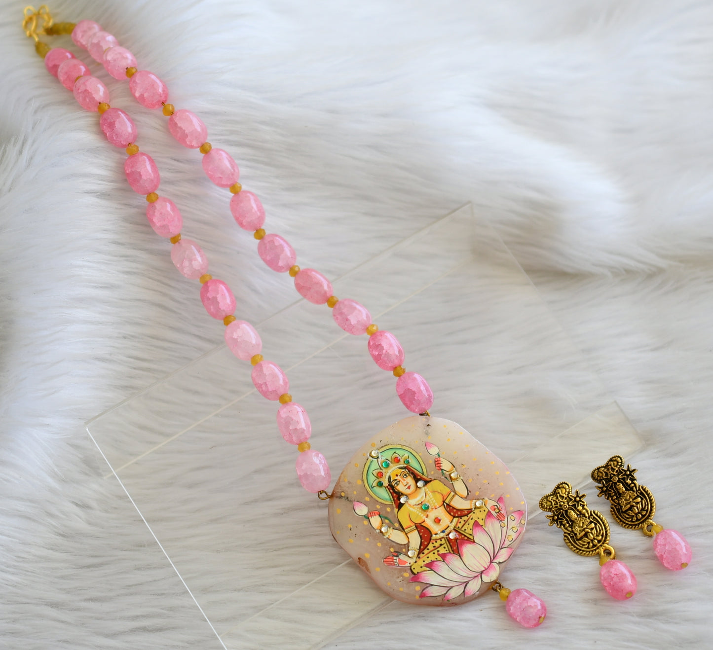 Hand painted lakshmi sliced agate pendant with baby pink-yellow beads necklace set dj-45182