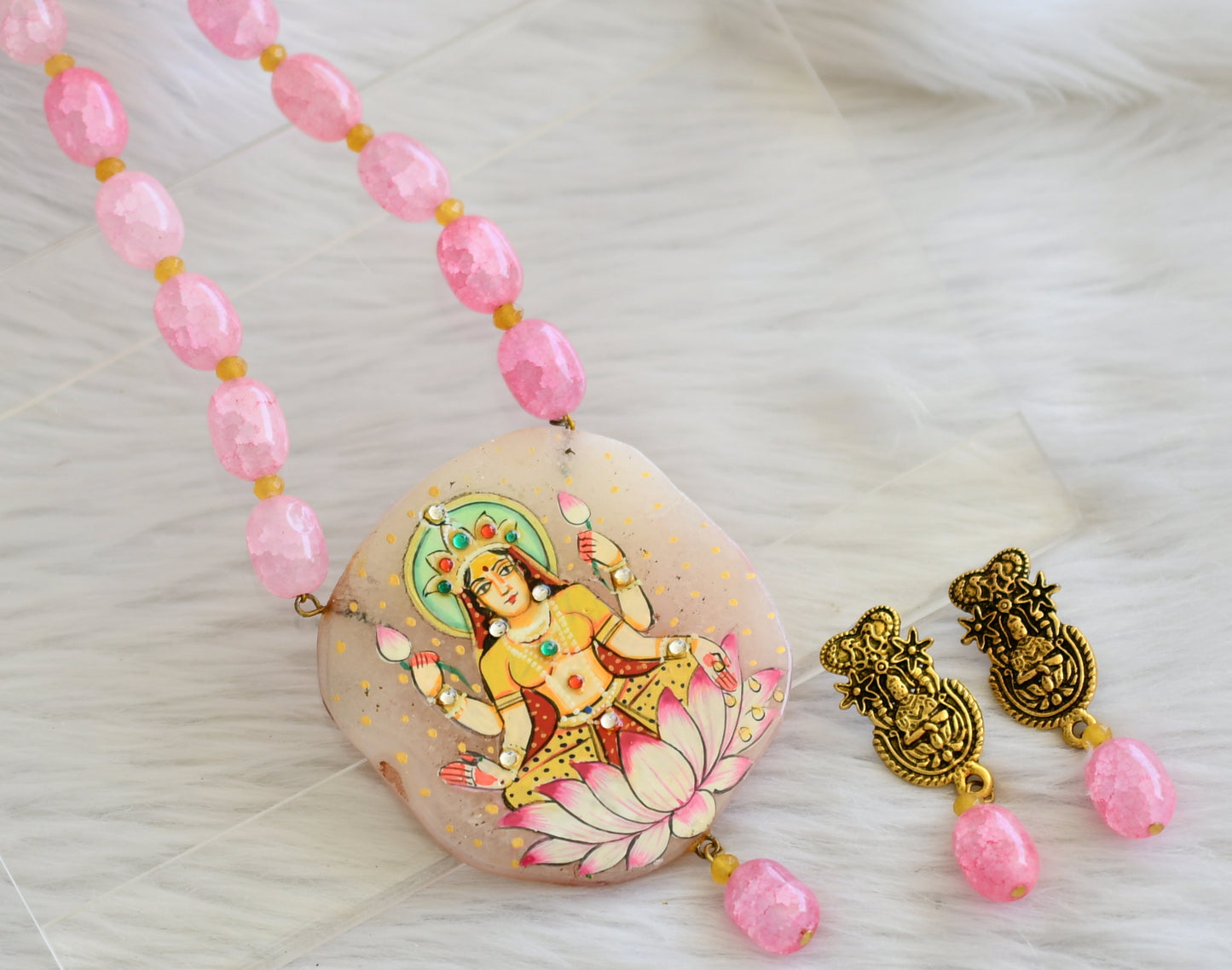 Hand painted lakshmi sliced agate pendant with baby pink-yellow beads necklace set dj-45182