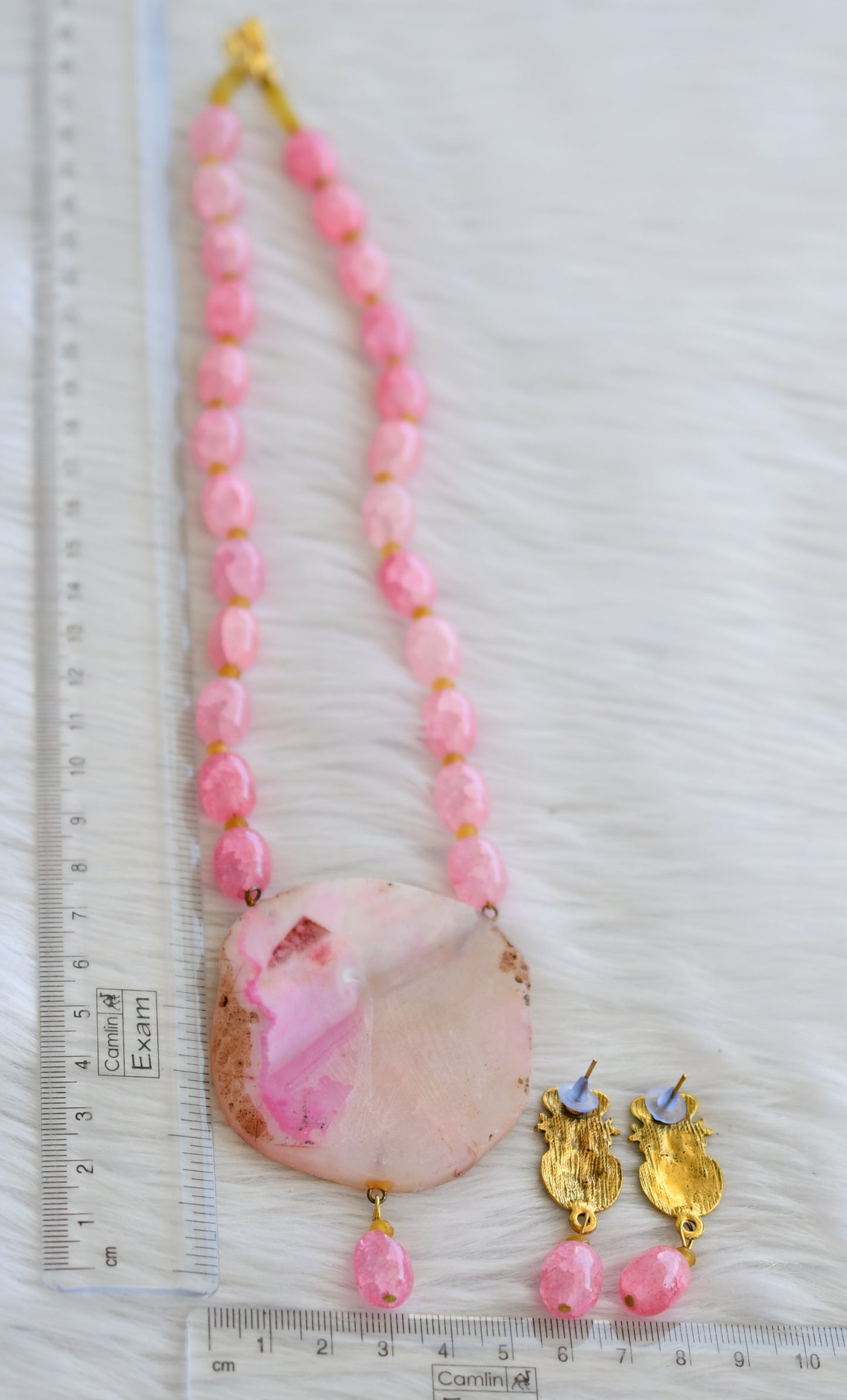 Hand painted lakshmi sliced agate pendant with baby pink-yellow beads necklace set dj-45182