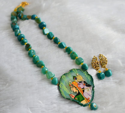 Hand painted radha-krishna sliced agate pendant with green-yellow onyx beaded necklace set dj-46850