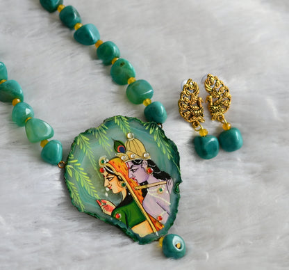 Hand painted radha-krishna sliced agate pendant with green-yellow onyx beaded necklace set dj-46850