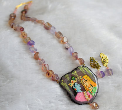 Hand painted radha-krishna sliced agate pendant with purple-baby pink onyx beaded necklace set dj-46851