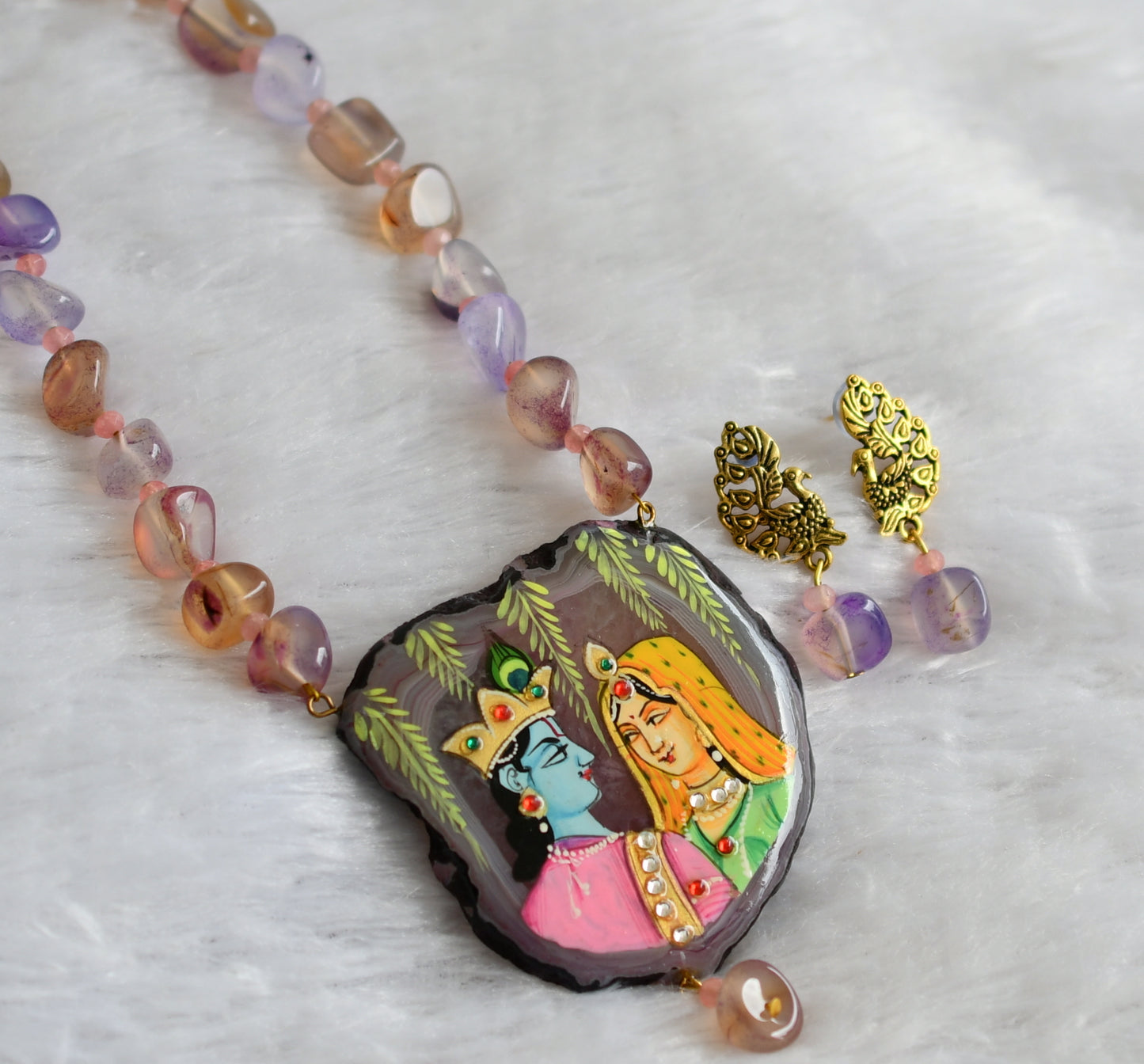 Hand painted radha-krishna sliced agate pendant with purple-baby pink onyx beaded necklace set dj-46851