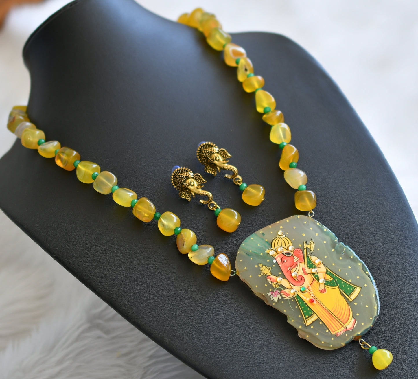 Hand painted ganesha sliced agate pendant with yellow-green onyx beads necklace set dj-45192