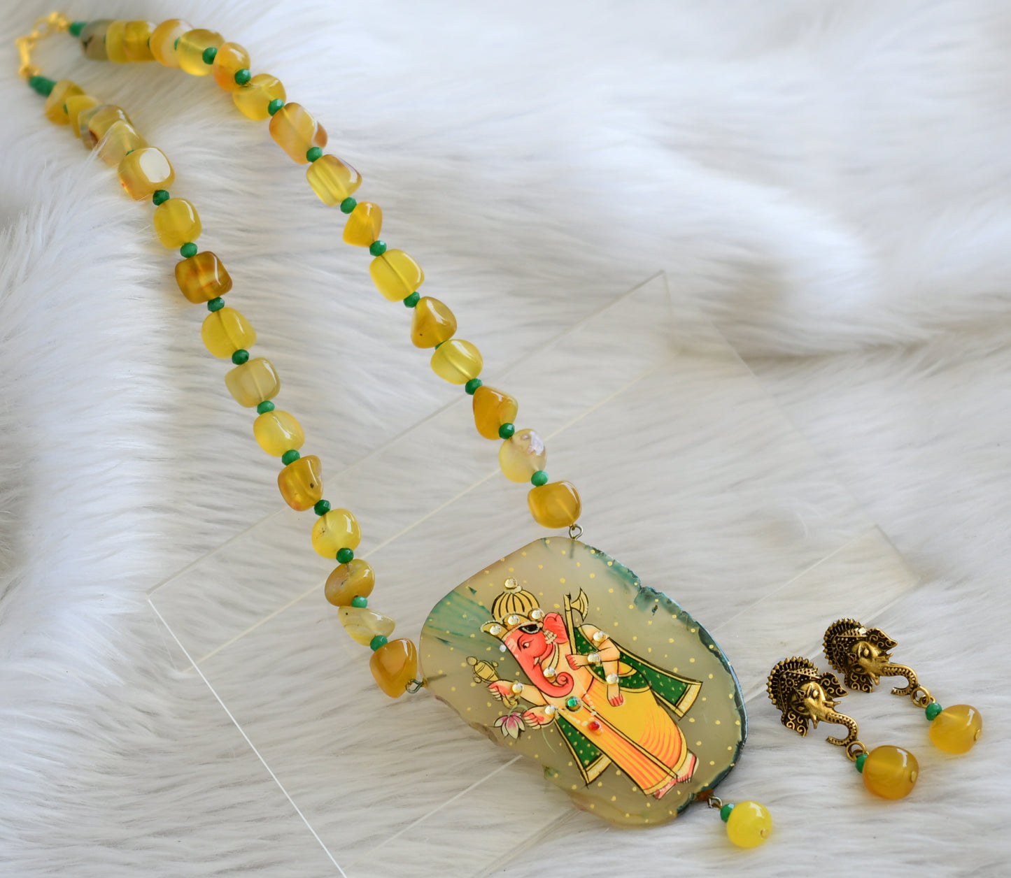 Hand painted ganesha sliced agate pendant with yellow-green onyx beads necklace set dj-45192