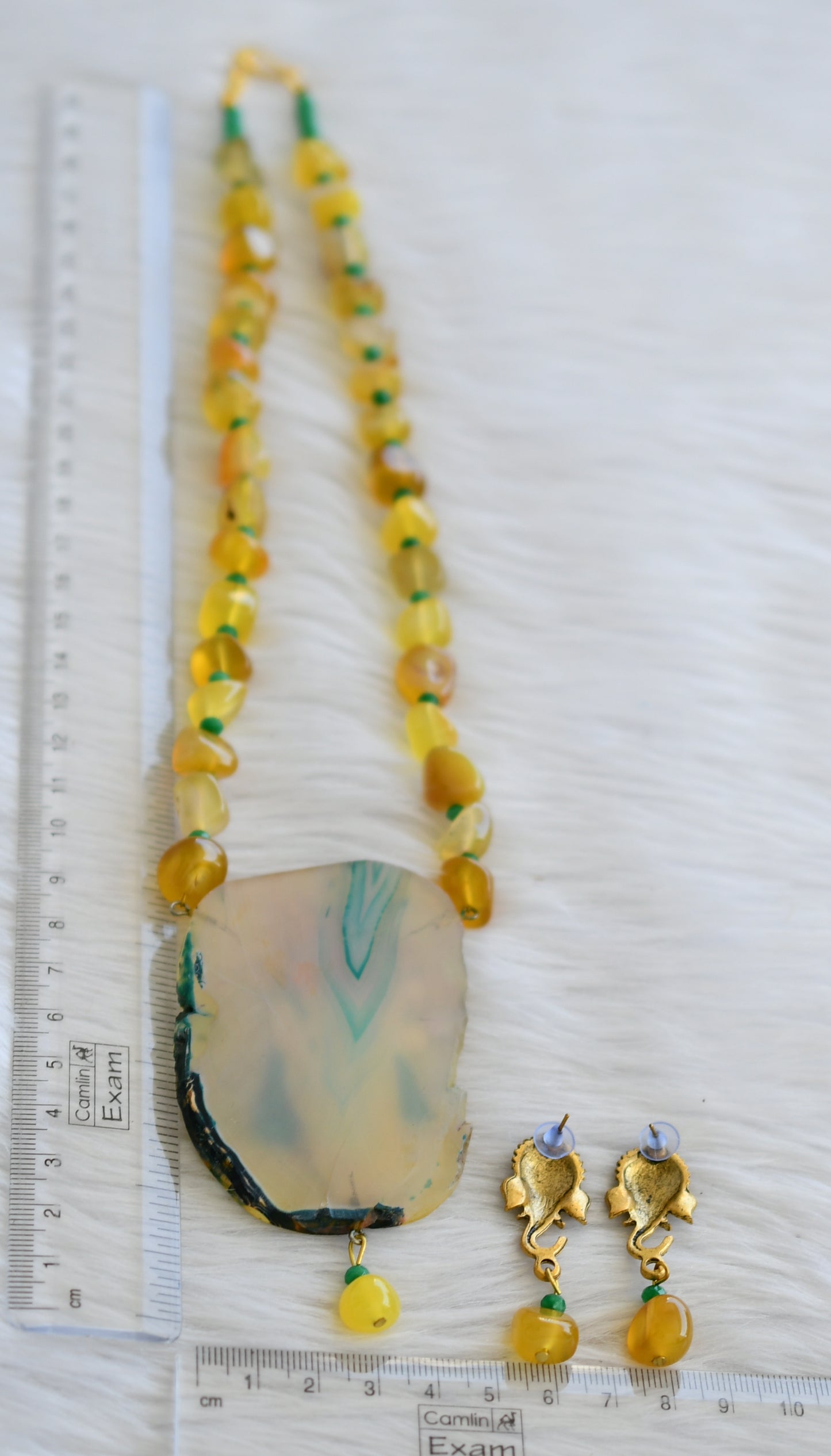 Hand painted ganesha sliced agate pendant with yellow-green onyx beads necklace set dj-45192