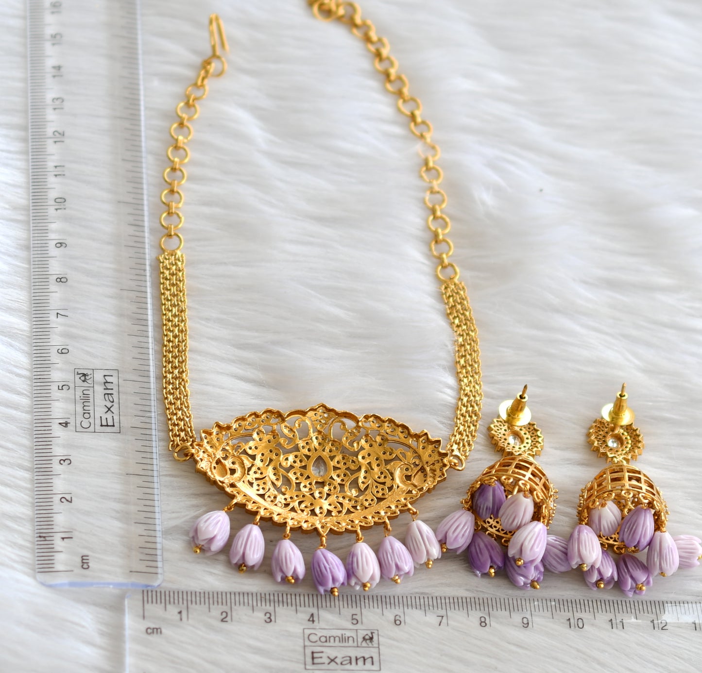 Matte finish cz white lavender tulip beaded choker necklace set dj-43546