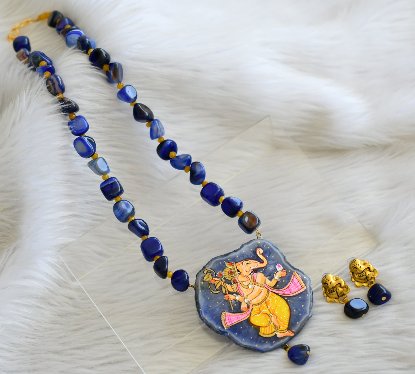 Hand painted ganesha sliced agate pendant with blue-yellow onyx beads necklace set dj-45195