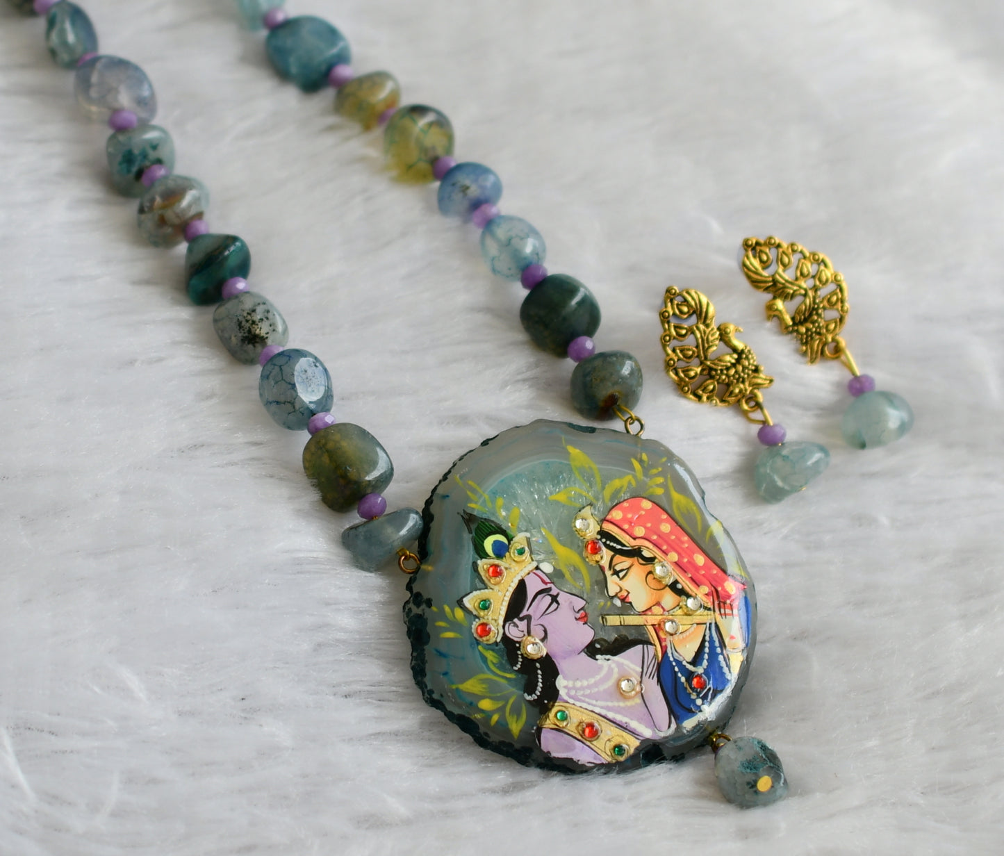 Hand painted radha-krishna sliced agate pendant with blue-purple onyx beaded necklace set dj-46852