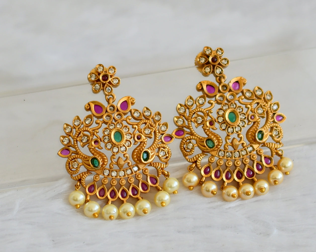 Matte finish ruby-green-white peacock pearl earrings dj-30498