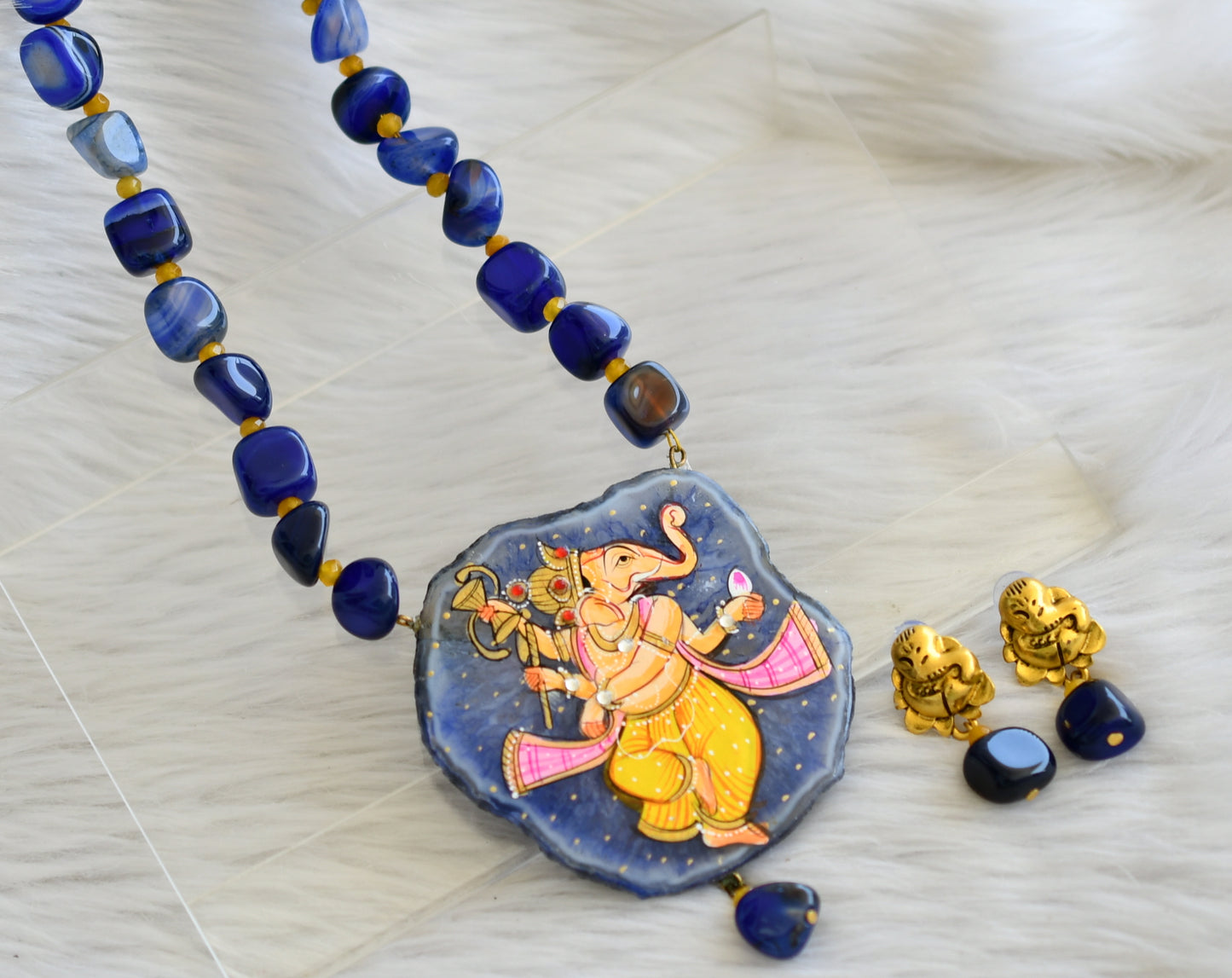 Hand painted ganesha sliced agate pendant with blue-yellow onyx beads necklace set dj-45195