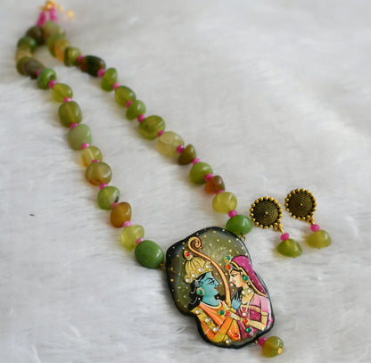 Hand painted ram-sita sliced agate pendant with green-pink onyx beaded necklace set dj-46845