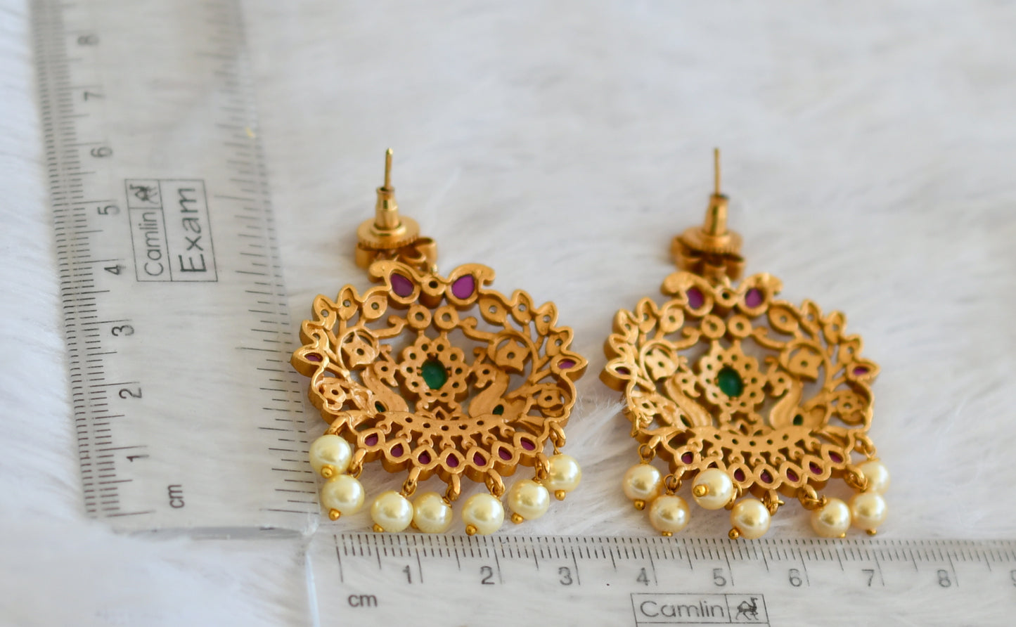 Matte finish ruby-green-white peacock pearl earrings dj-30498