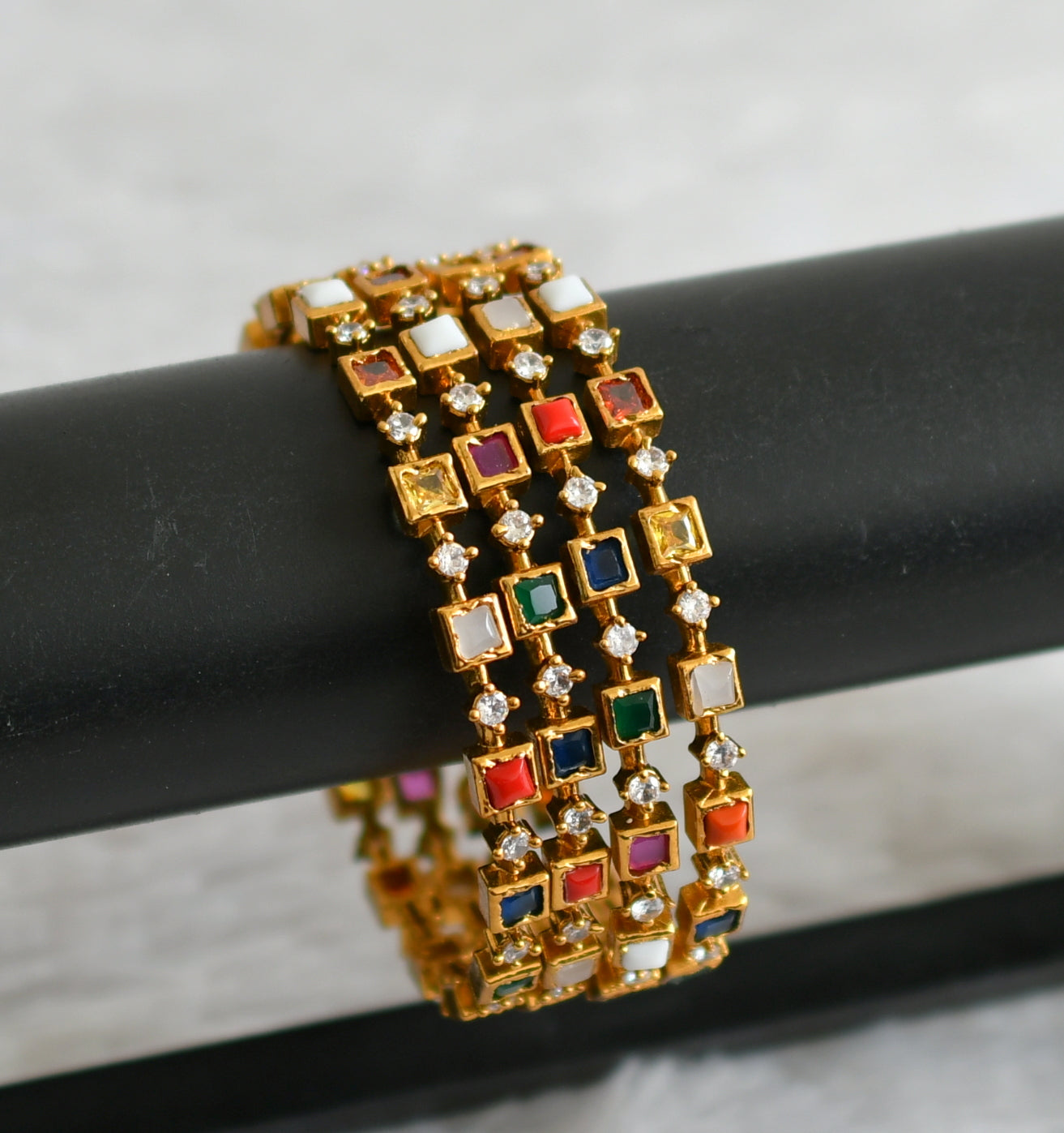 Matte finish cz navarathna block stone set of 4 bangles(2.4) dj-48621