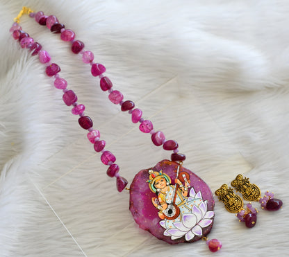 Hand painted ma saraswathi sliced agate pendant with purple onyx beads necklace set dj-45183