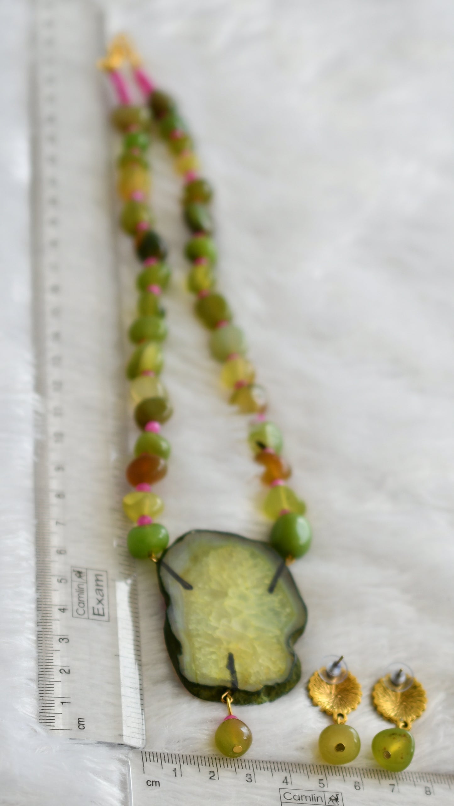 Hand painted ram-sita sliced agate pendant with green-pink onyx beaded necklace set dj-46845