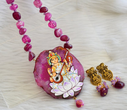 Hand painted ma saraswathi sliced agate pendant with purple onyx beads necklace set dj-45183