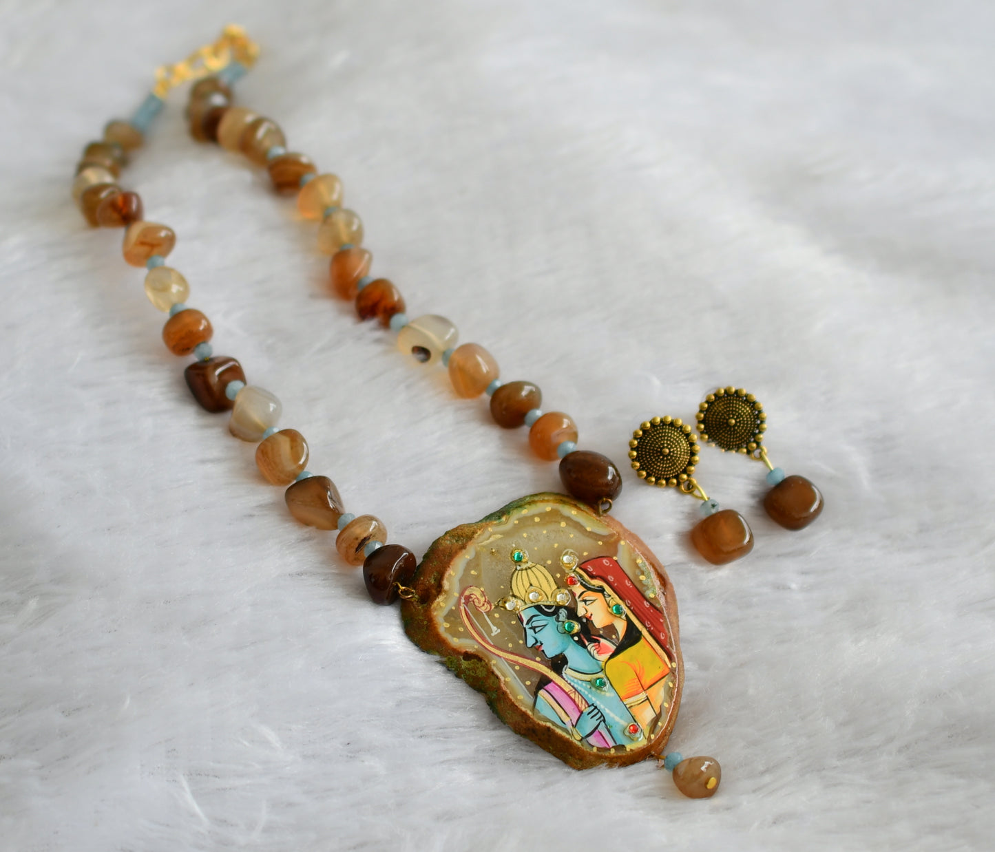 Hand painted ram-sita sliced agate pendant with brown-blue onxy beaded necklace set dj-46846