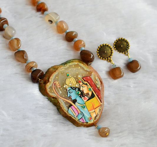 Hand painted ram-sita sliced agate pendant with brown-blue onxy beaded necklace set dj-46846