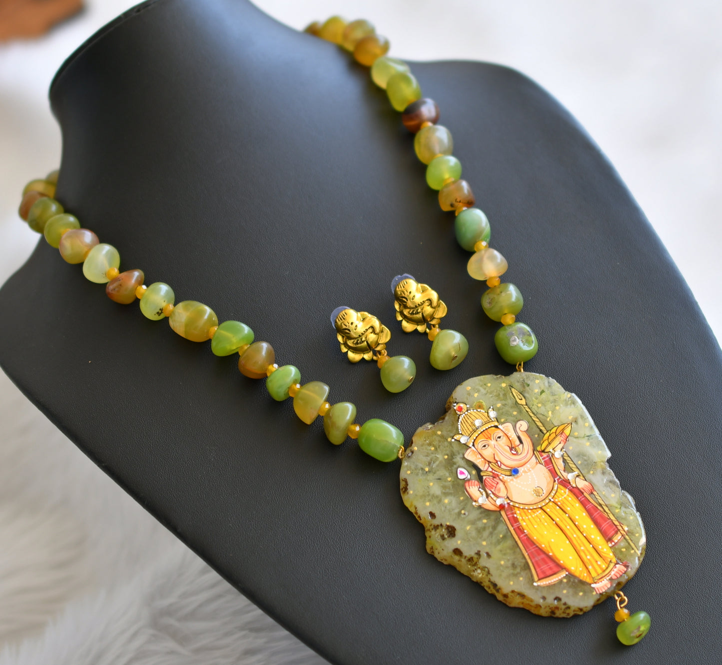 Hand painted ganesha sliced agate pendant with green-yellow onyx beads necklace set dj-45200