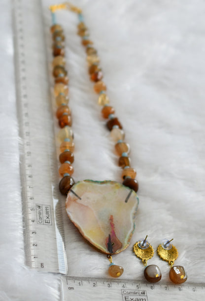 Hand painted ram-sita sliced agate pendant with brown-blue onxy beaded necklace set dj-46846