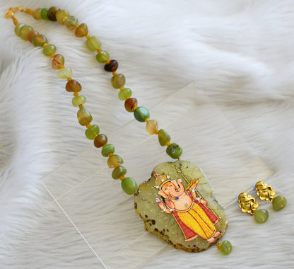 Hand painted ganesha sliced agate pendant with green-yellow onyx beads necklace set dj-45200