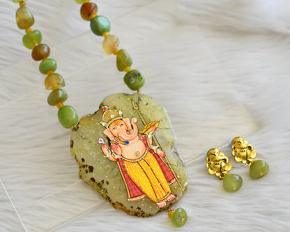 Hand painted ganesha sliced agate pendant with green-yellow onyx beads necklace set dj-45200