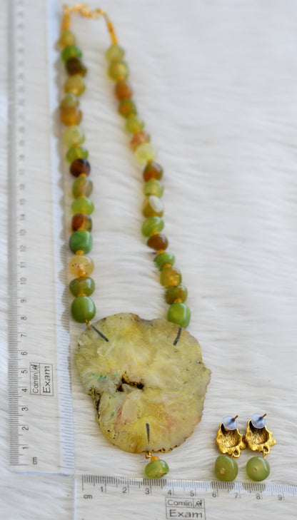 Hand painted ganesha sliced agate pendant with green-yellow onyx beads necklace set dj-45200