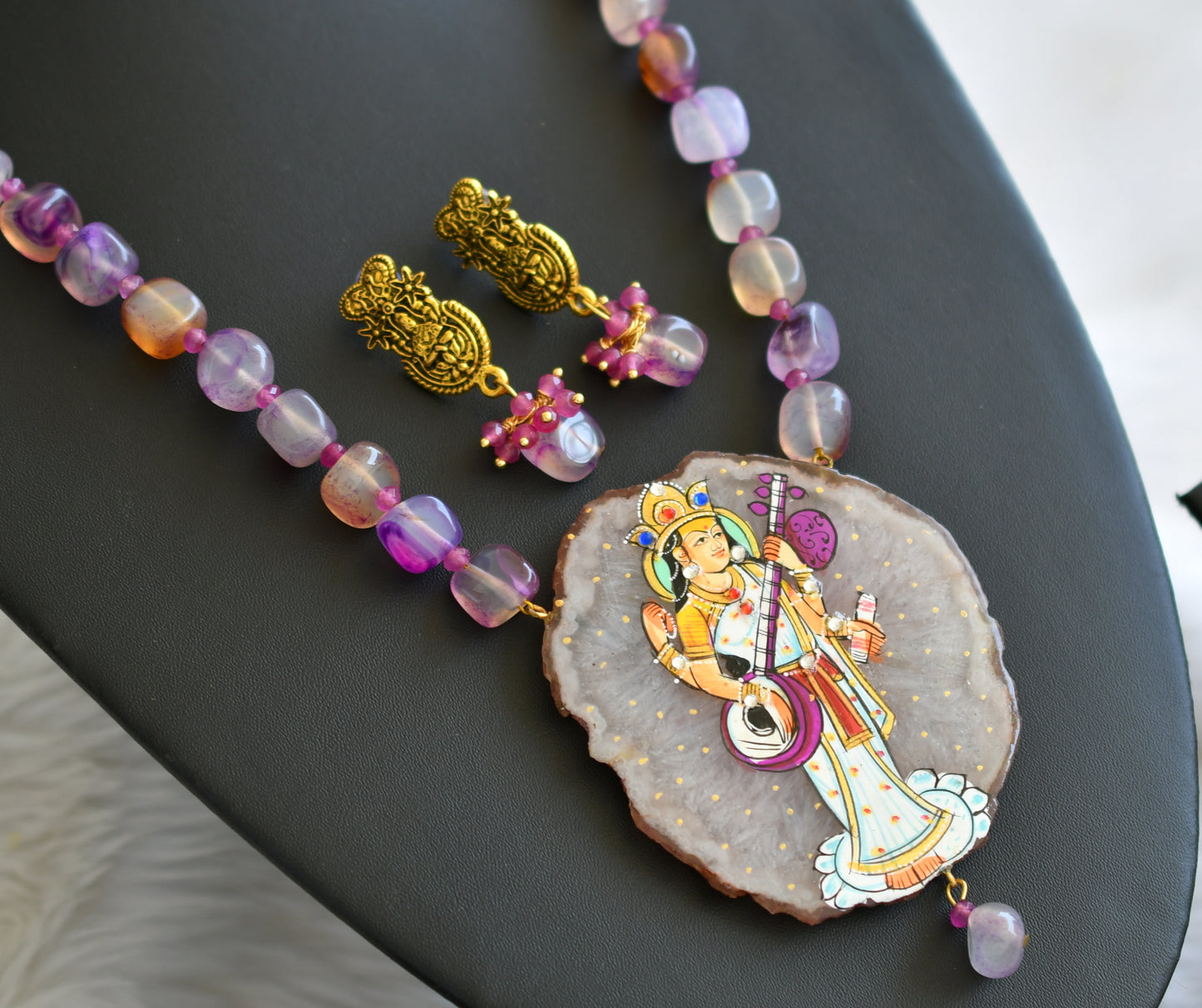 Hand painted saraswathi sliced agate pendant with purple onyx beads necklace set dj-45187