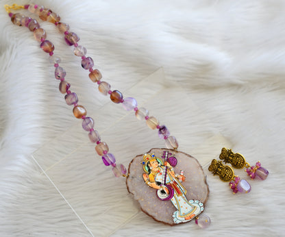 Hand painted saraswathi sliced agate pendant with purple onyx beads necklace set dj-45187