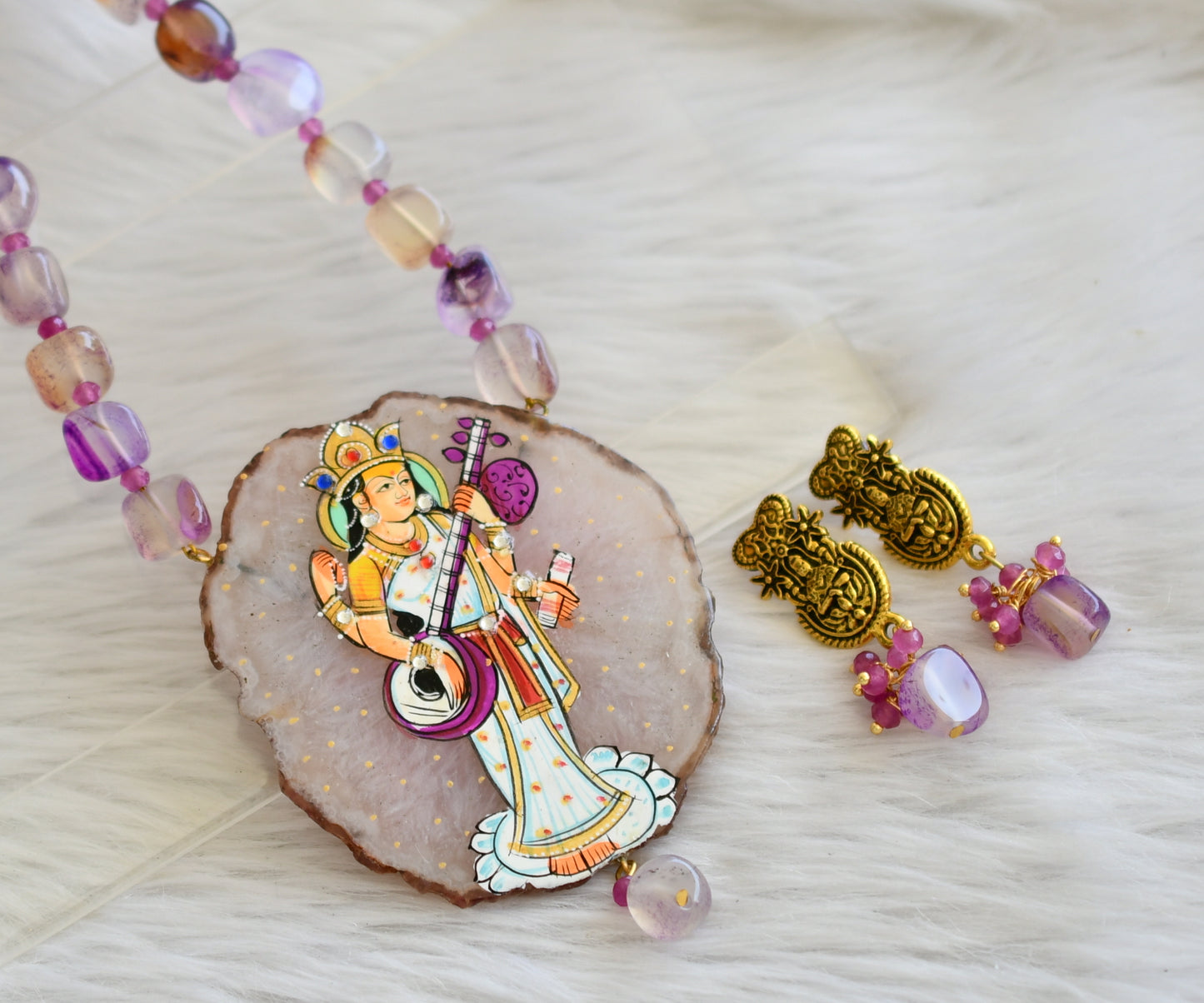 Hand painted saraswathi sliced agate pendant with purple onyx beads necklace set dj-45187