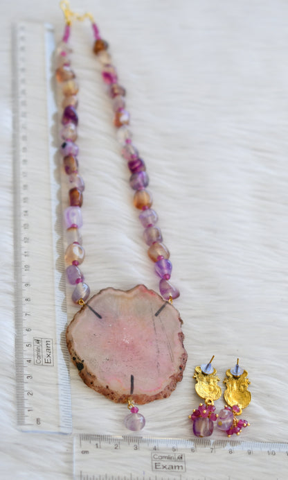 Hand painted saraswathi sliced agate pendant with purple onyx beads necklace set dj-45187