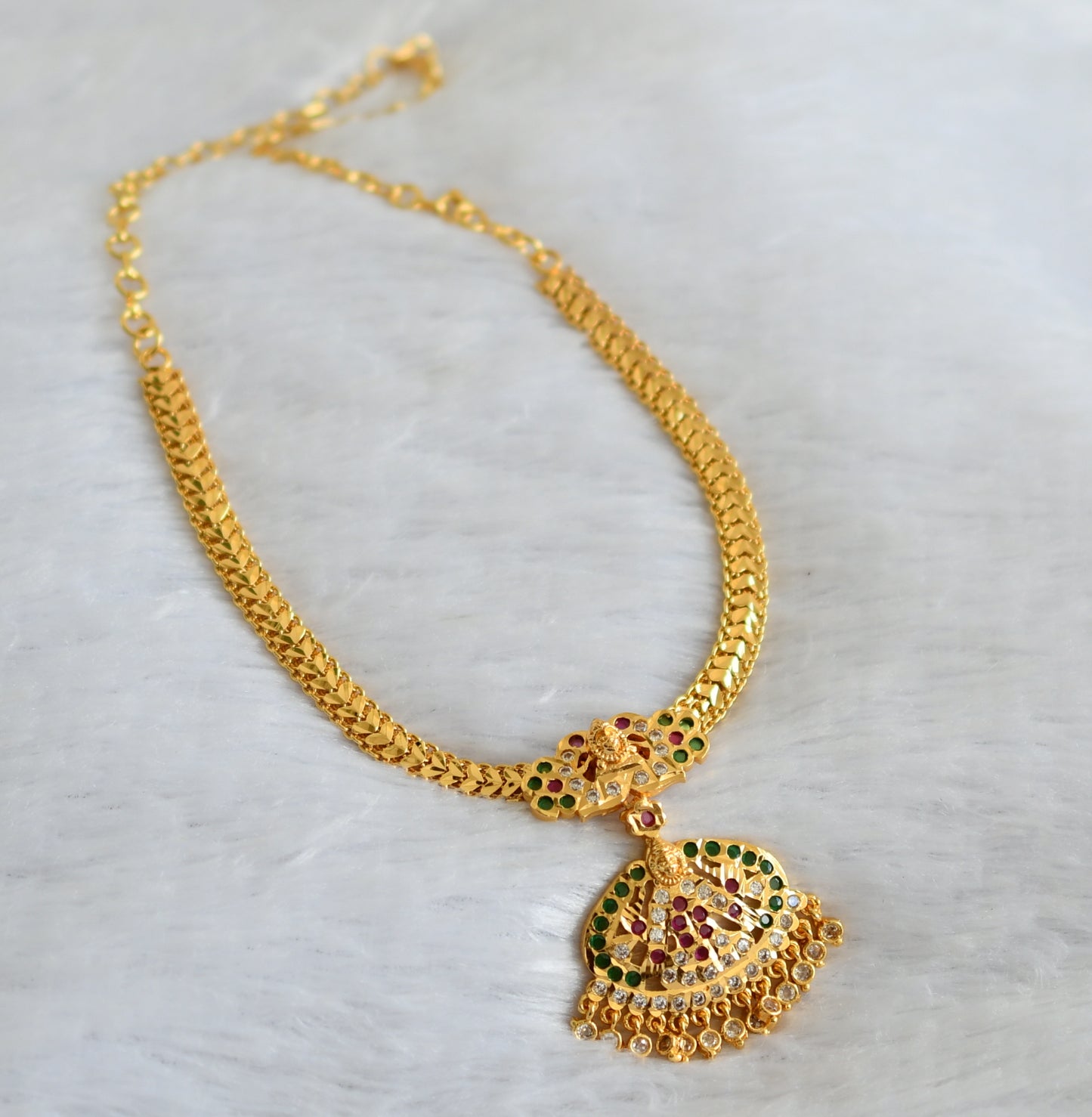 Gold tone ad ruby-green-white lakshmi attigai/necklace dj-46855