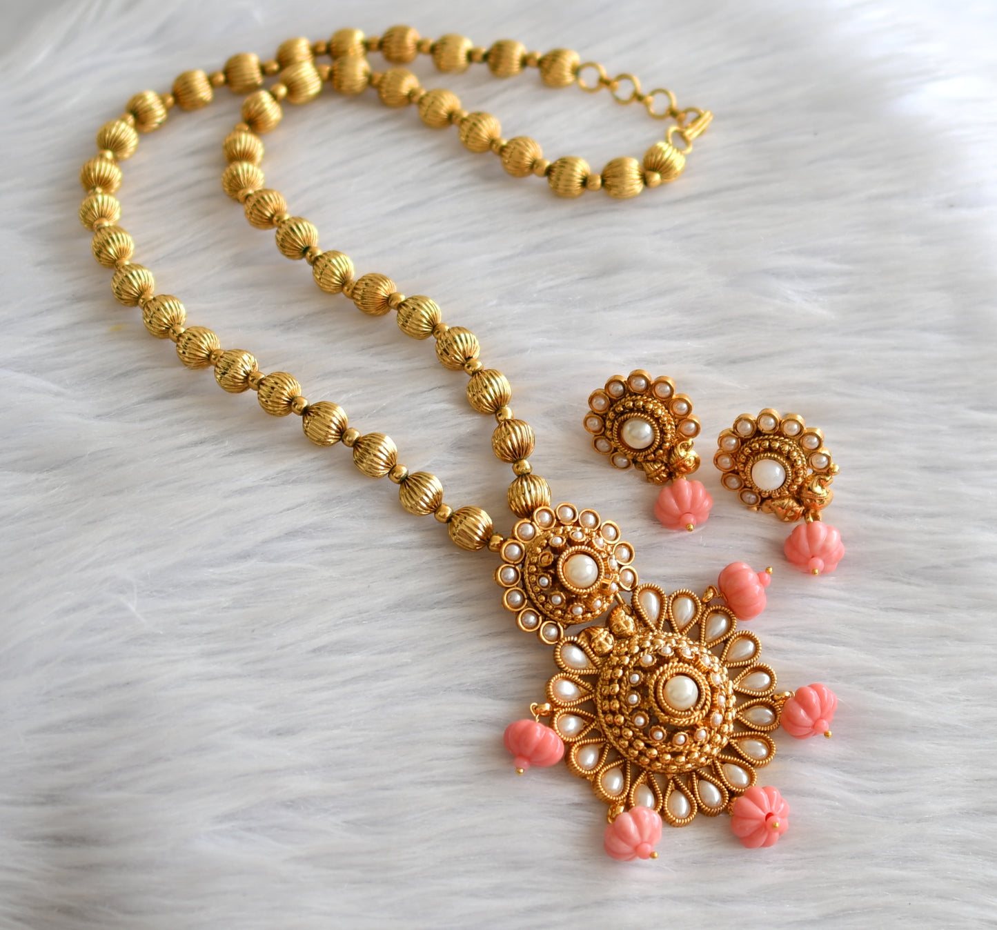 Antique gold tone pearl pumpkin beaded necklace set dj-43554