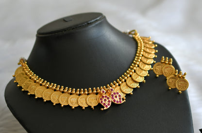 Gold tone pink stone mango lotus coin necklace set dj-43556