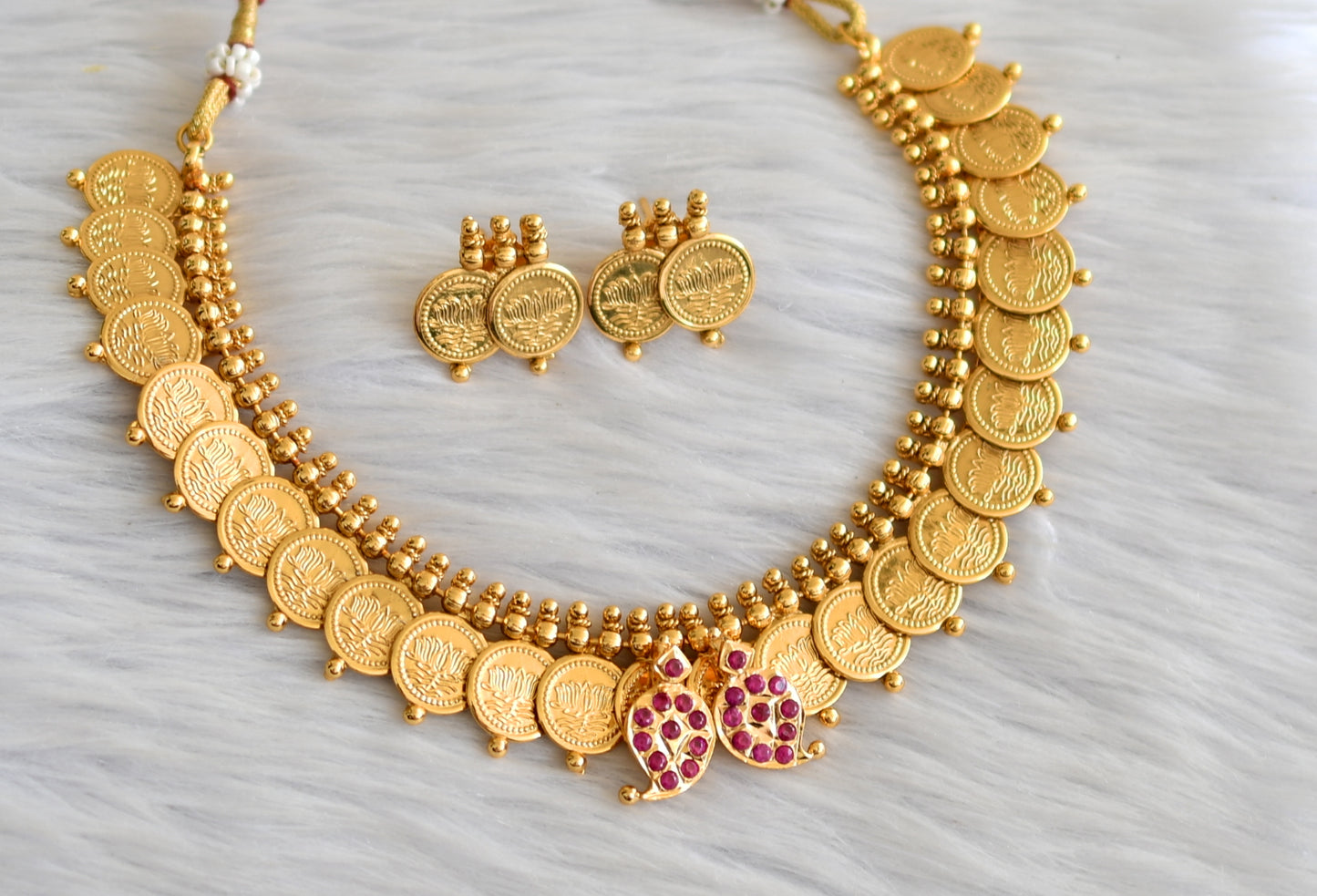 Gold tone pink stone mango lotus coin necklace set dj-43556