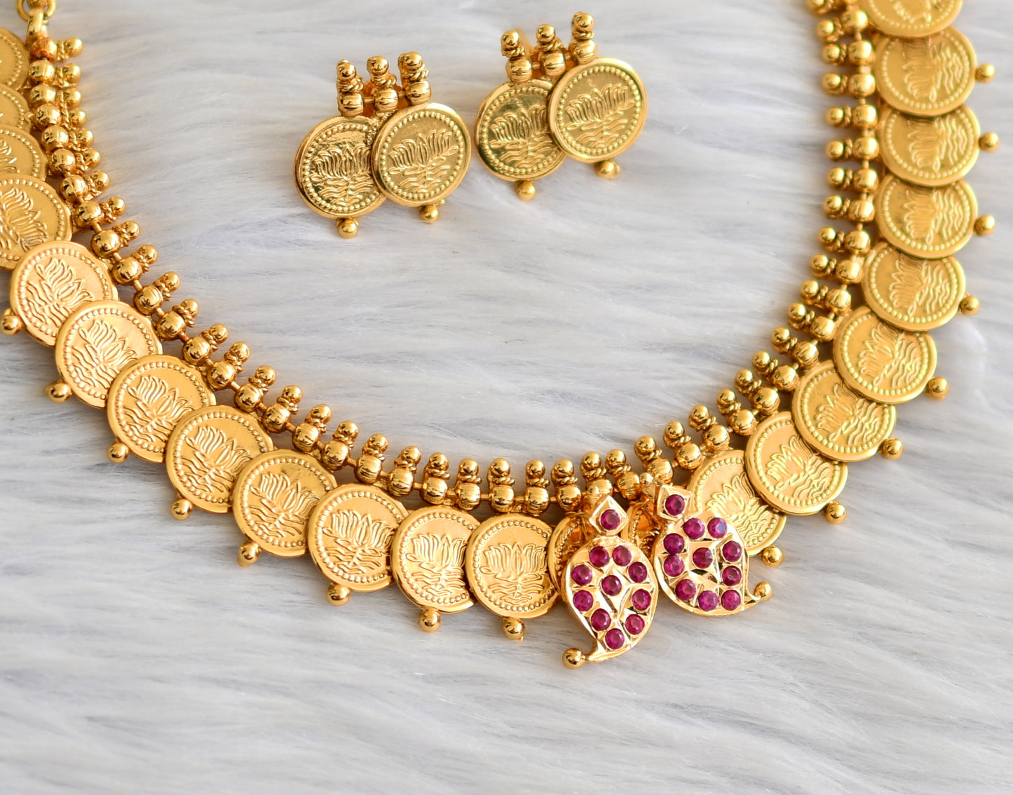 Gold tone pink stone mango lotus coin necklace set dj-43556