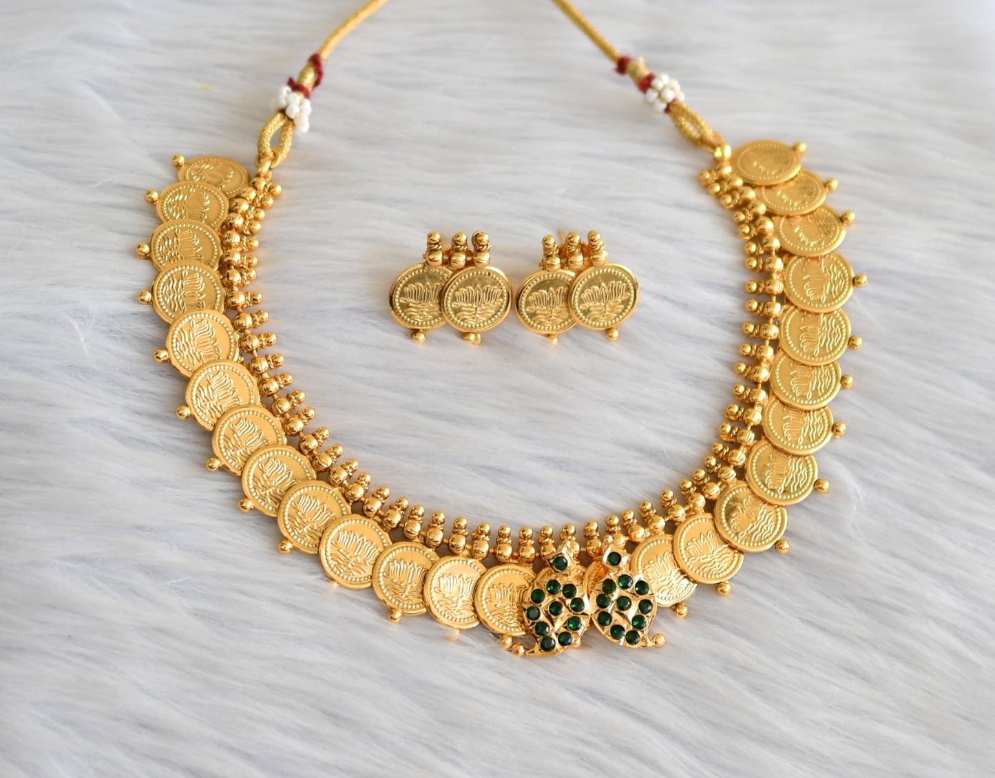 Gold tone green stone mango lotus coin necklace set dj-43557