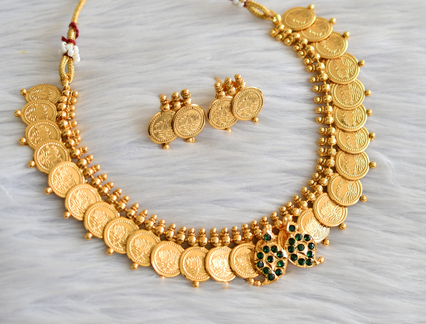 Gold tone green stone mango lotus coin necklace set dj-43557