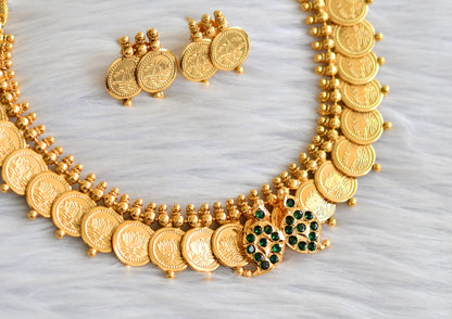 Gold tone green stone mango lotus coin necklace set dj-43557