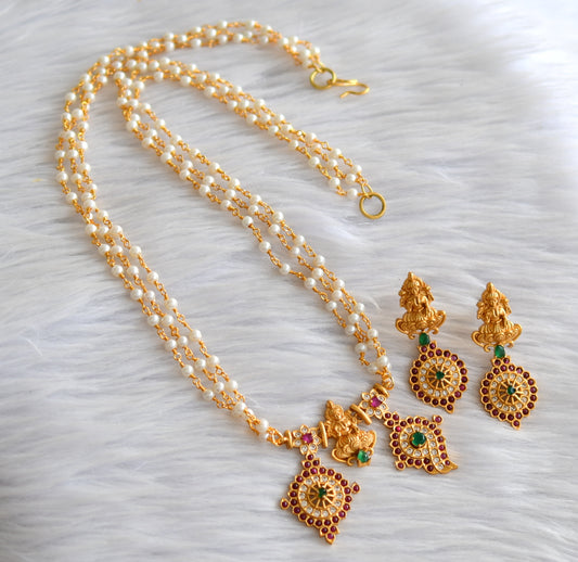 Matte finish ruby-green-white shanku-chakra lakshmi necklace set dj-43548