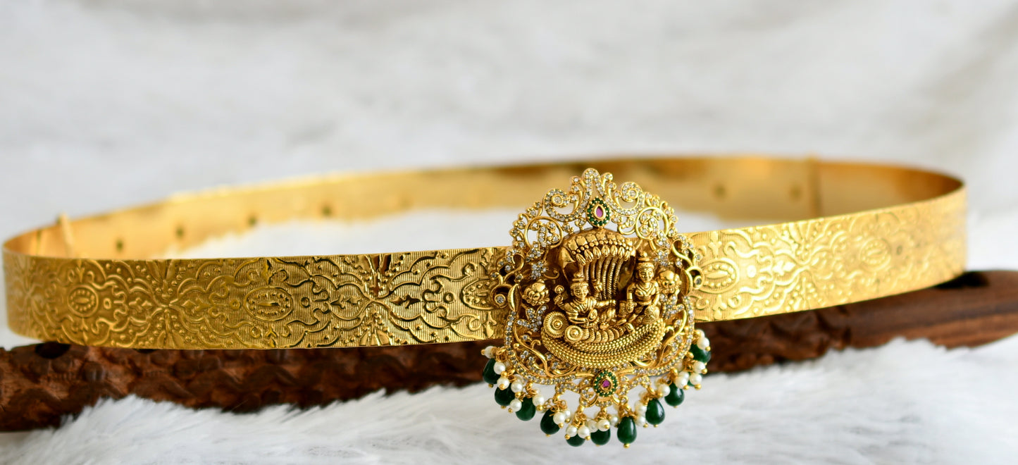 Matte finish ruby-green-white stone green beaded shri ranganatar waist belt dj-48646