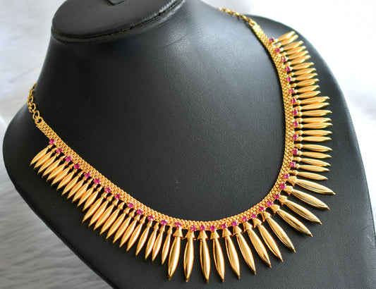 Gold tone mulla mottu pink stone Kerala style necklace dj-36833