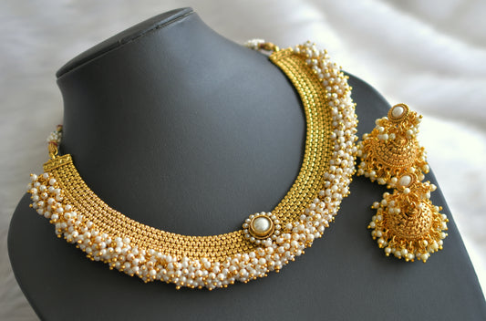 Antique gold tone pearl cluster choker necklace set dj-13548