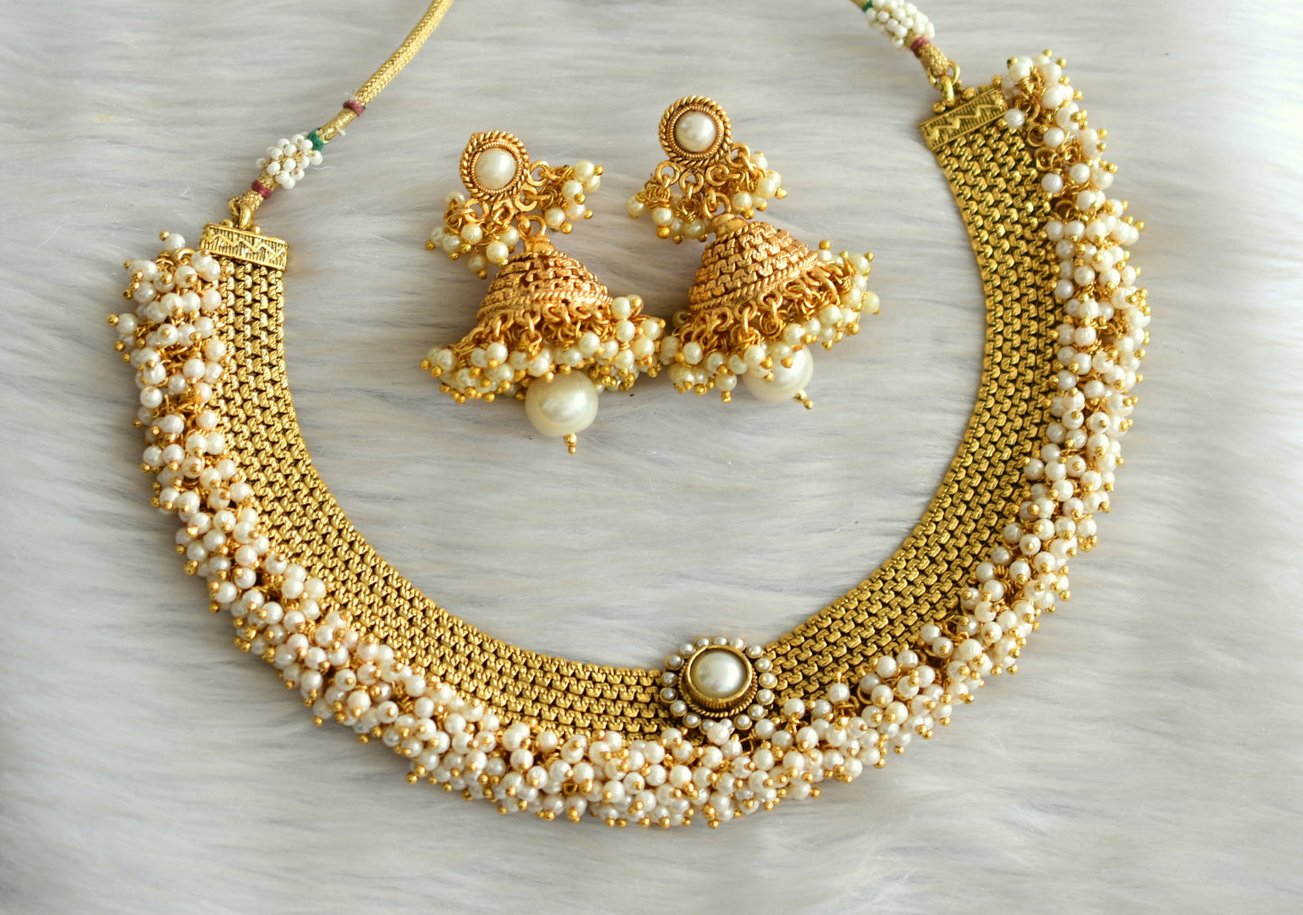 Antique gold tone pearl cluster choker necklace set dj-13548