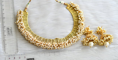 Antique gold tone pearl cluster choker necklace set dj-13548