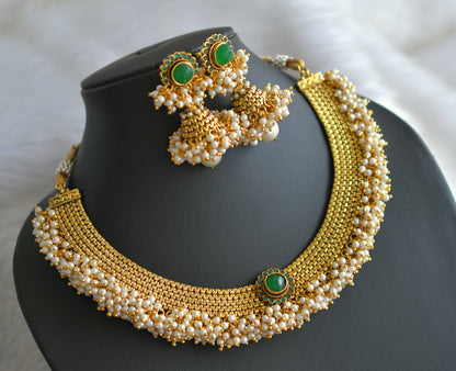 Antique gold tone green pearl cluster necklace set  dj-13549