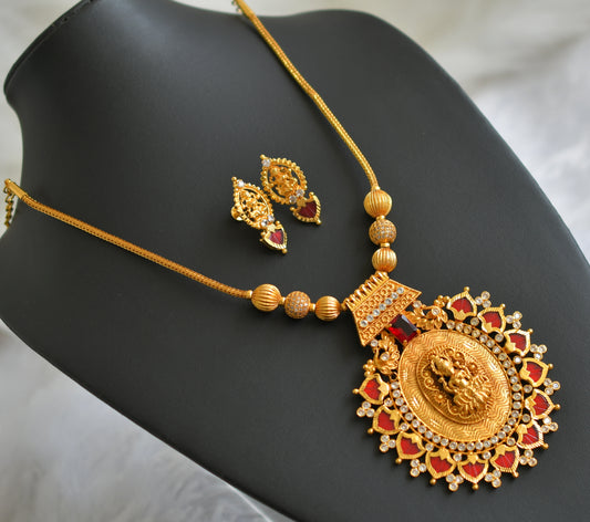 Gold tone kerala style white stone ball red-white big palakka lakshmi pendant kodi necklace set dj-46864