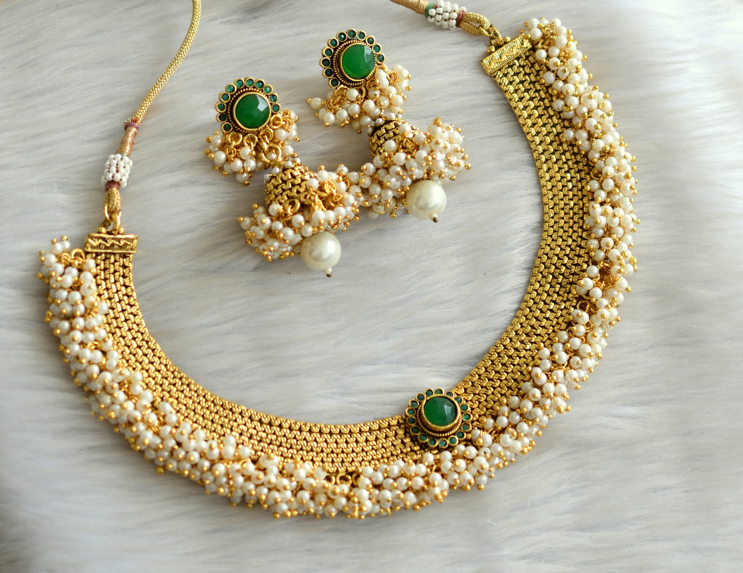 Antique gold tone green pearl cluster necklace set  dj-13549